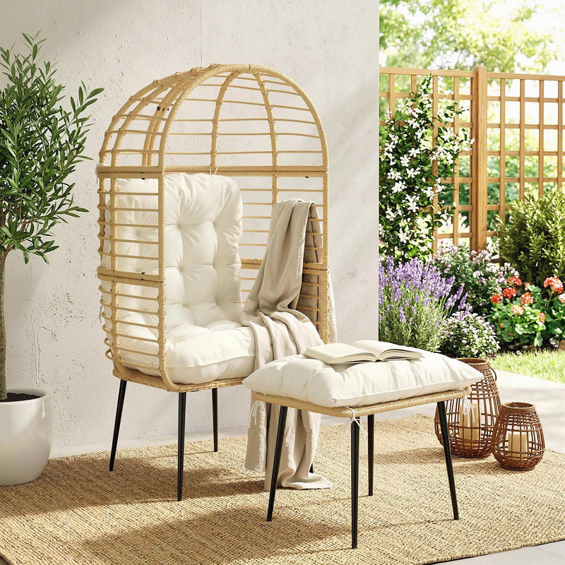 Outsunny Gartensessel mit Hocker in Ei-Form aus PE-Rattan im Boho-Stil, beige Loungesessel mit dicken Kissen für Garten, Balkon und Terrasse, Aosom - Bild 2