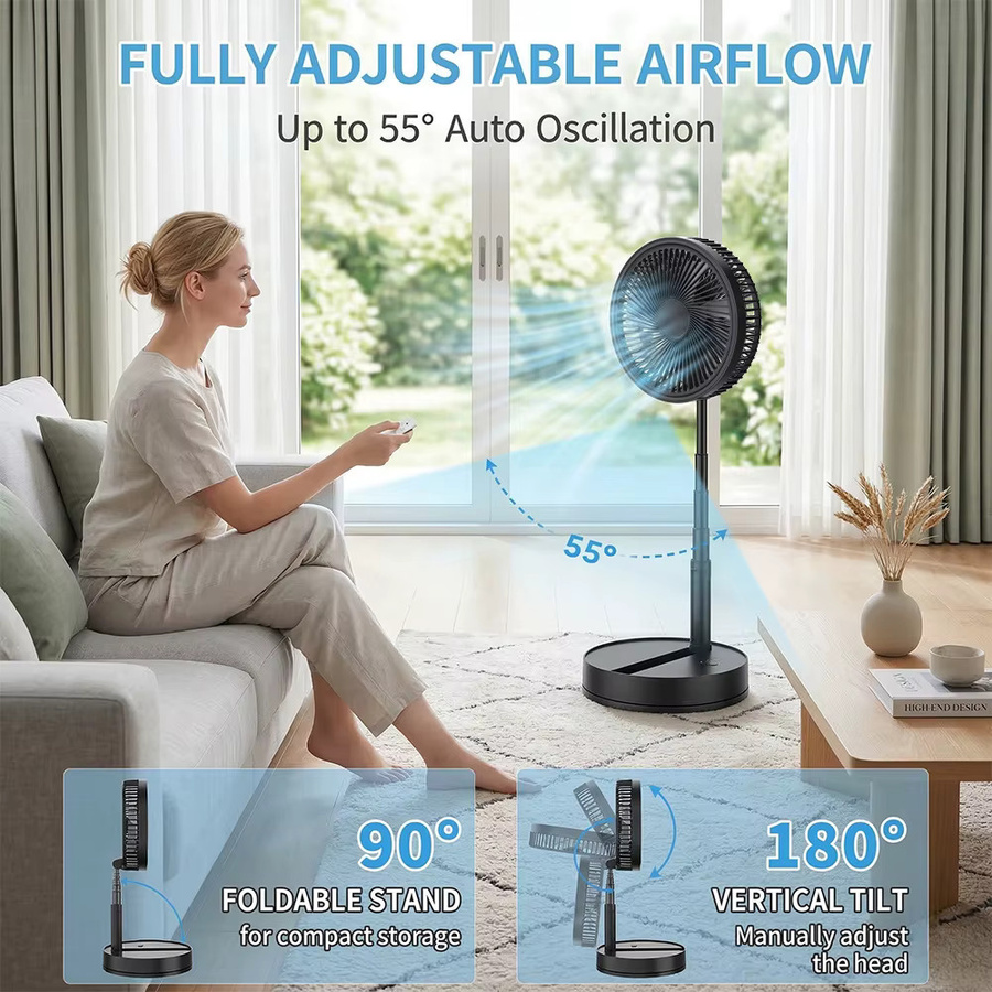 LIPETY Faltbarer Tischventilator mit Fernbedienung und Teleskopstange, Schwarz, Höhe: 100 cm, USB-aufladbar und tragbar - Bild 4