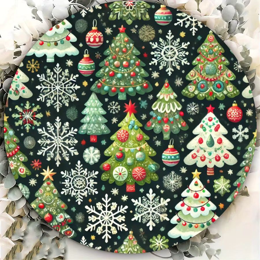 Rundes Metallblechschild Potdemiel mit Weihnachtsbaum- und Schneeflockenmuster in Multicolor, Durchmesser: 20 cm - Bild 4