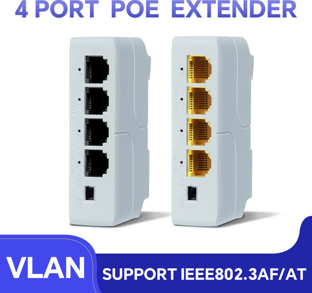 Hisource Ethernet POE Extender mit 4 Ports, 100 Mbit/s, DIN-Schienenmontage, IEEE 802.3af/at Standard, Weiß - Bild 1