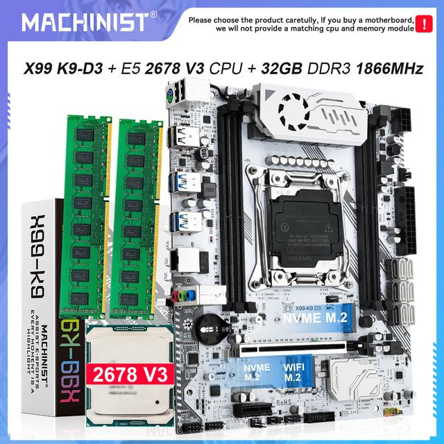 Machinist X99 Motherboard LGA 2011-3 mit Intel Xeon E5 2678 V3 Prozessor und 32GB DDR3 1866MHz RAM, Micro-ATX mit USB-A - Bild 1