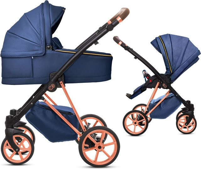 TPFLiving 2in1 Kinderwagen Royal aus Kunstleder in Blueberry mit Gestell in Roségold - Bild 1