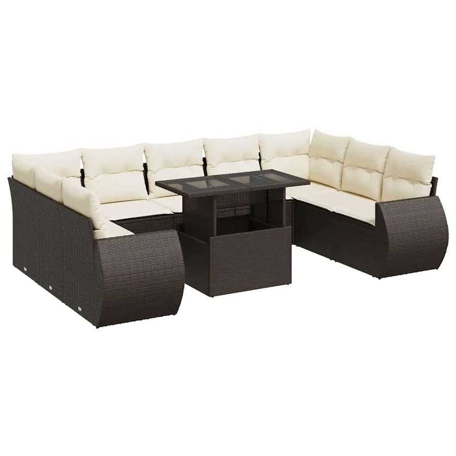 vidaXL 10-tlg. Garten-Sofagarnitur in L-Form aus braunem Poly-Rattan mit Kissen und Metallrahmen - Bild 2