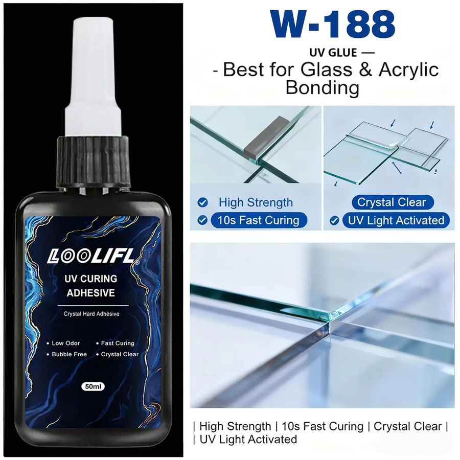 Loolifl UV-Kleber Set mit UV-Lampe, transparenter Superkleber für Glas, Acryl und Metall, 50 ml - Bild 3