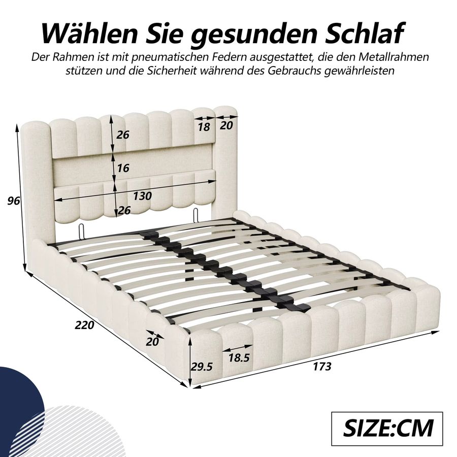 Rosahqnda Doppelbettgestell Polsterbett aus Leinen mit USB und LED in Beige und Grau, B/T/H: 180 x 200 cm - Bild 4