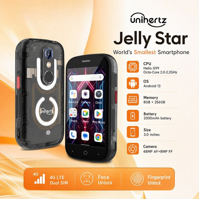 Unihertz Jelly Star Mini Smartphone mit Android 13, 8 GB RAM, 256 GB Speicher, 48 MP Kamera und transparenter Backshell in Transparent - Bild 1