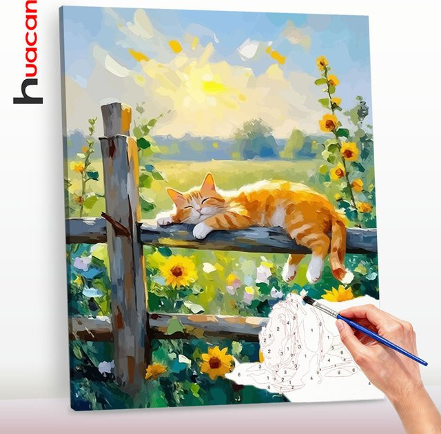 Huacan Malen nach Zahlen Set mit Sonnenuntergang, Katze und Sonnenblumen zur Wanddekoration in Mehrfarben - Bild 1