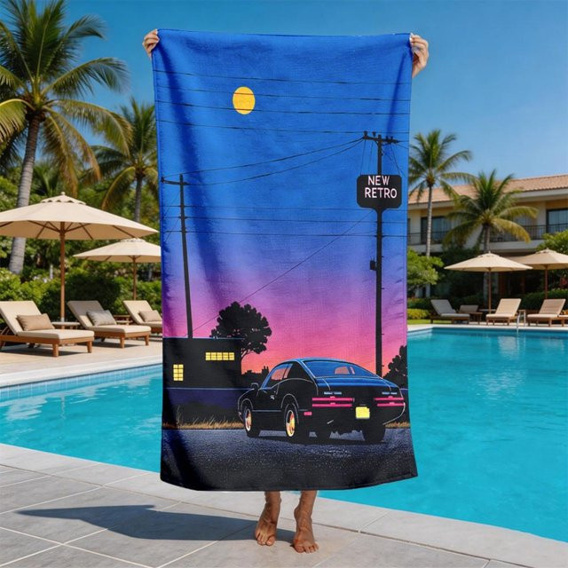 JMG Household Supplies Strandtuch aus Mikrofaser im Retro-Neon-Stil mit Auto-Motiv, B/B: 90 x 180 cm, Mehrfarbig - Bild 1