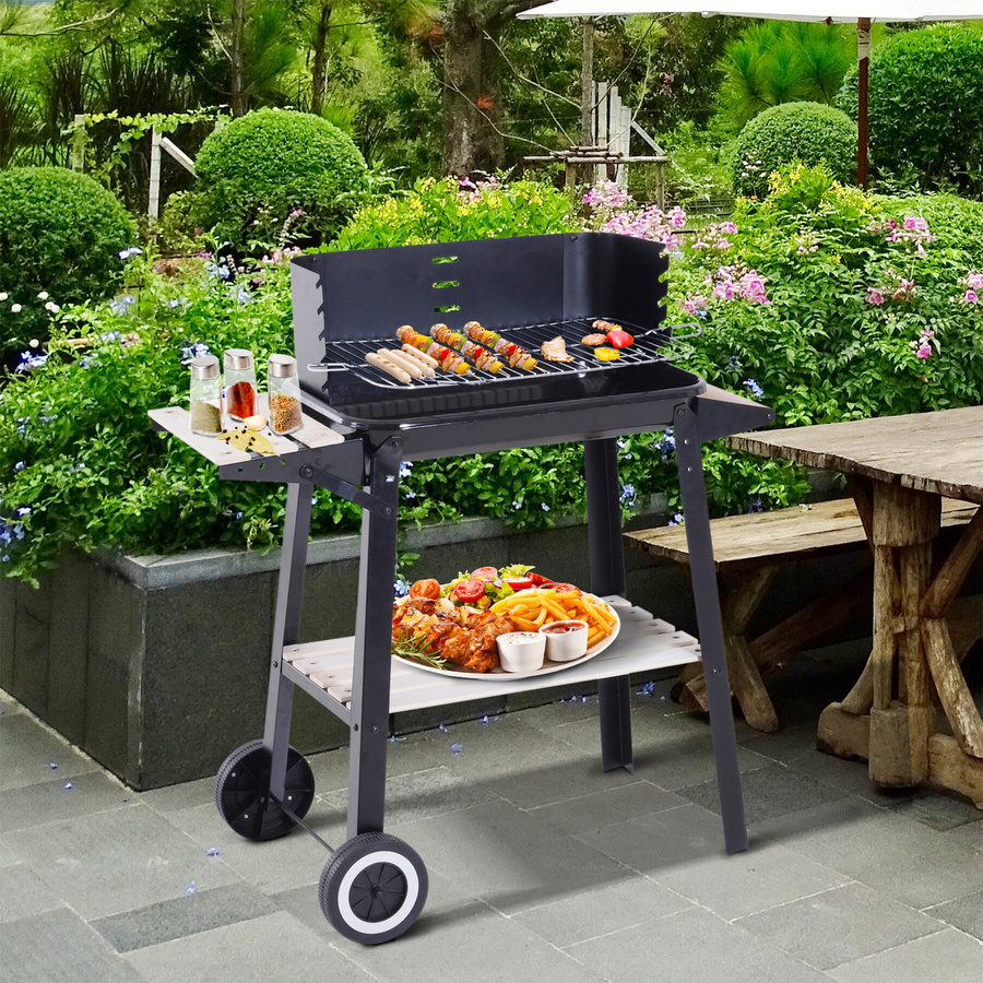 Outsunny Grillwagen Grillstation mit Windschutz und 2 Ablagefächern in Schwarz, höhenverstellbar mit Grillrost aus emailliertem Stahl, B/T/H: 83 x 45 x 87 cm - Bild 2