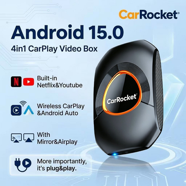 CarRocket Wireless CarPlay AI Box Android 15 mit Netflix und YouTube, Multimedia-Videobox für Autos mit kabelgebundenem CarPlay, Schwarz - Bild 1