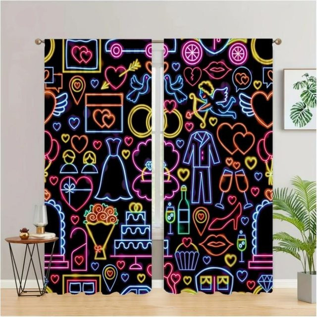 Yiran Furniture Vorhang mit bunten Herzen und Lippenabdruck, 2er-Set, halbtransparent, Mehrfarbig, B: 55 cm, H: 120 cm - Bild 1