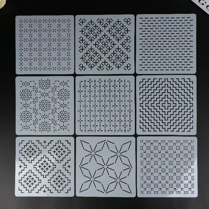 Velishy Sashiko-Stickerei-Schablone Set aus transparentem PET mit 9 bis 32 geometrischen Patchwork-Mustern für DIY-Handarbeiten - Bild 1
