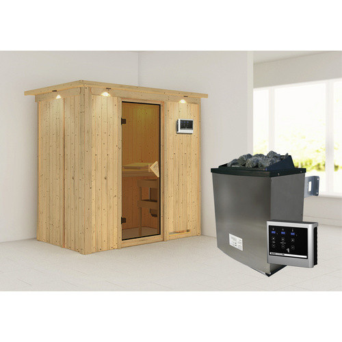 Karibu Sauna Pärnu aus Fichtenholz mit 9 kW Saunaofen und externer Steuerung für 2 Personen, beige, B/T/H: 210 x 132 x 202 cm - Bild 3