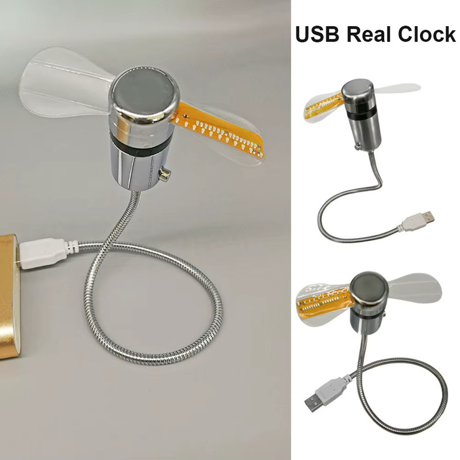 ATUOTIN Mini-Metall-Ventilator mit LED-Uhr und flexiblem Schwanenhals, USB-Gadget, Silber - Bild 5