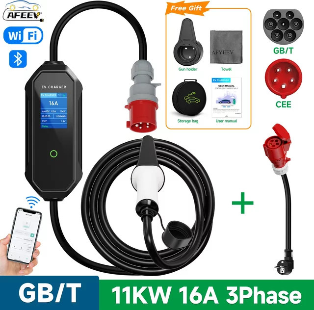 AFEEV Tragbares EV-Ladegerät 11kW 16A 3-Phasen Schnellladekabel GBT 20234 mit CEE-Stecker, WiFi und Bluetooth App-Steuerung - Bild 1