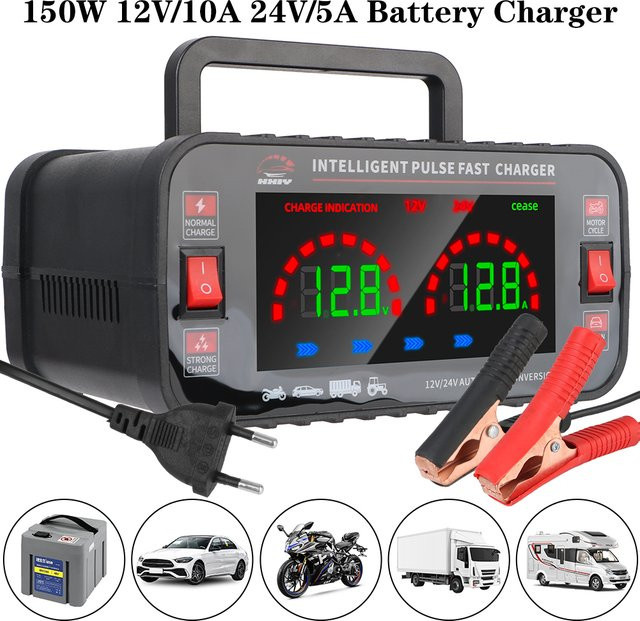 Vollautomatisches Auto Batterie Ladegerät mit Puls Reparatur Funktion, 150 W, 12 V/10A & 24 V/5A, für Blei-Säure, AGM und GEL Batterien, Schwarz - Bild 1