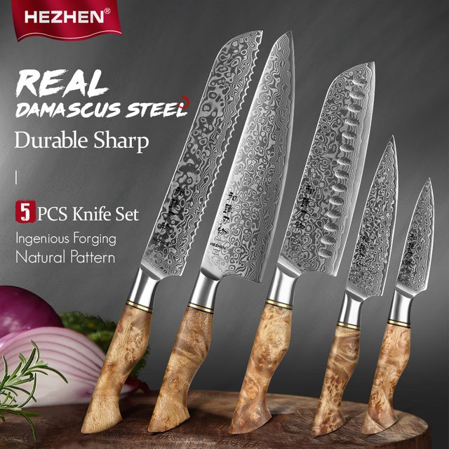 HEZHEN Damaststahl Messer Set in Silber, professionelle Kochmesser für Fleisch, Brot und Gemüse - Bild 1