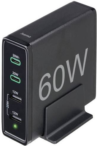 Hama USB-Ladestation 60W mit 4 Ports, 2x USB-C und 2x USB-A, PD Schnellladegerät, Schwarz - Bild 2