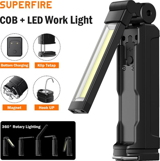 SUPERFIRE LED Arbeitsleuchte und COB-Taschenlampe in Schwarz mit verstellbarem Magnetfuß und wiederaufladbarem Akku - Bild 1