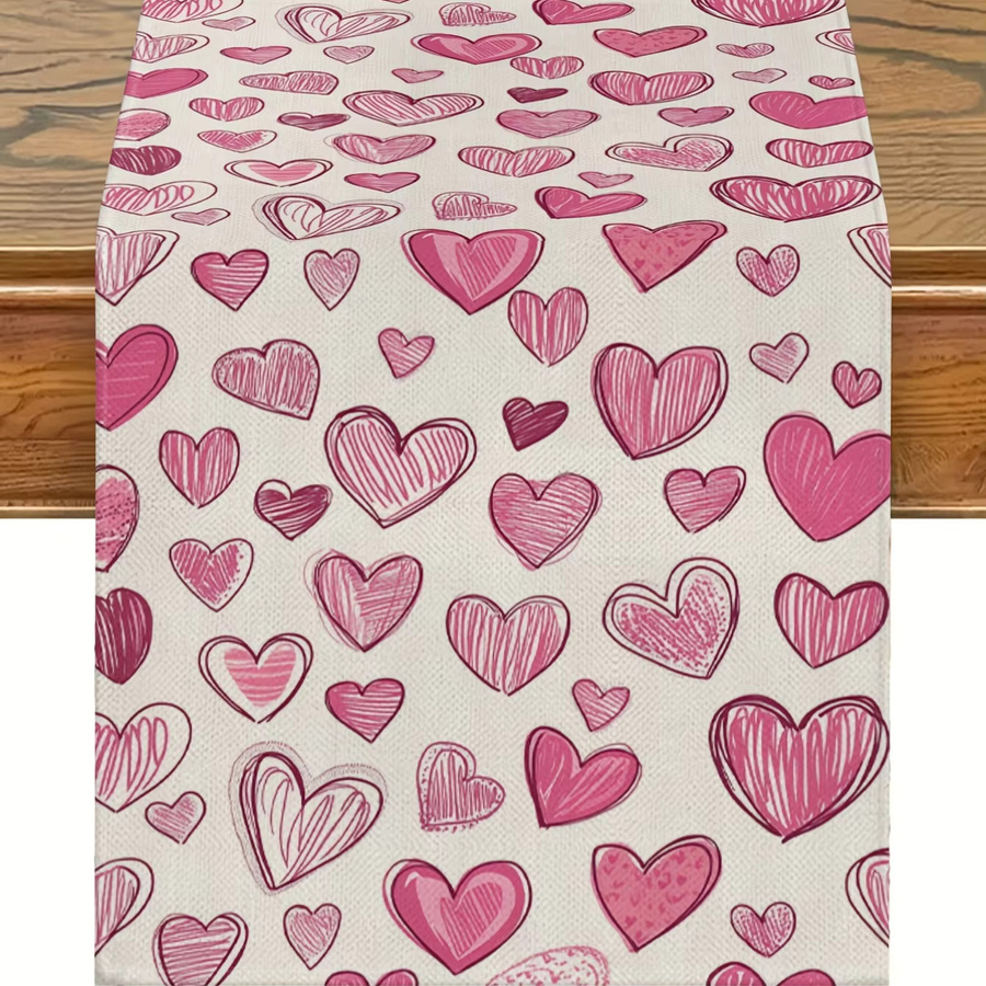 Valentinstag Tischläufer aus Leinen in Rosa und Weiß mit Winter-Herz-Motiv, Länge: 93 cm - Bild 4