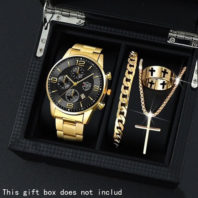 DEYROS Schmuck-Set, Herren, Uhr, Halskette, Armband, Ring, Gold, Quarz - Bild 1
