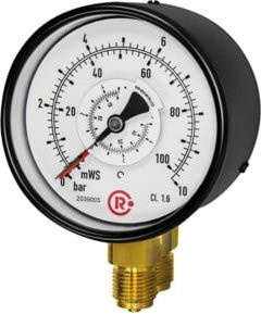 Riegler Differenzdruckmanometer 0 - 1,0 bar mit 2x G 1/2 Anschluss unten parallel, Durchmesser 100 mm, Messgerät aus Messing, Artikelnummer 1201-R - Bild 1