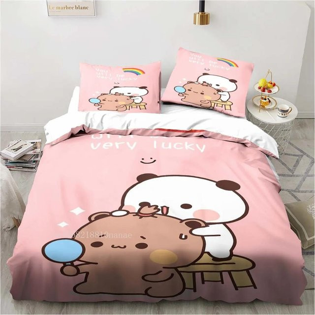 Bettwäscheset mit Bubu- und Dudu-Cartoon-Druck von Binchi Outdoor Product, Farbe Pink, Material Mikrofaser-Polyester, Set bestehend aus Bettbezug und Kissenbezug, B/H: 210 x 210 cm - Bild 1