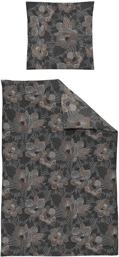 Irisette Cora Interlock Jersey Bettwäsche mit Blättermuster in Grau, B/H: 155 x 220 cm und Kissenbezug 80 x 80 cm - Bild 1