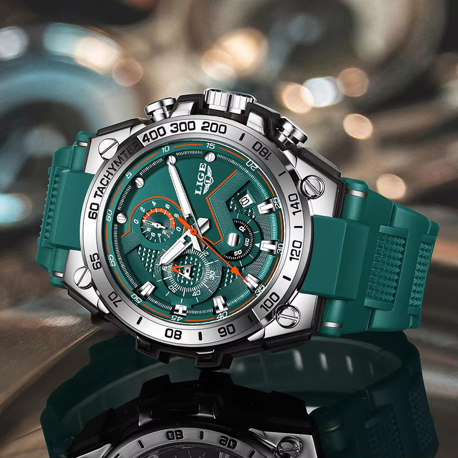 LIGE Chronograph Armbanduhr, Quarz, Silikon, Grün, Herren - Bild 2