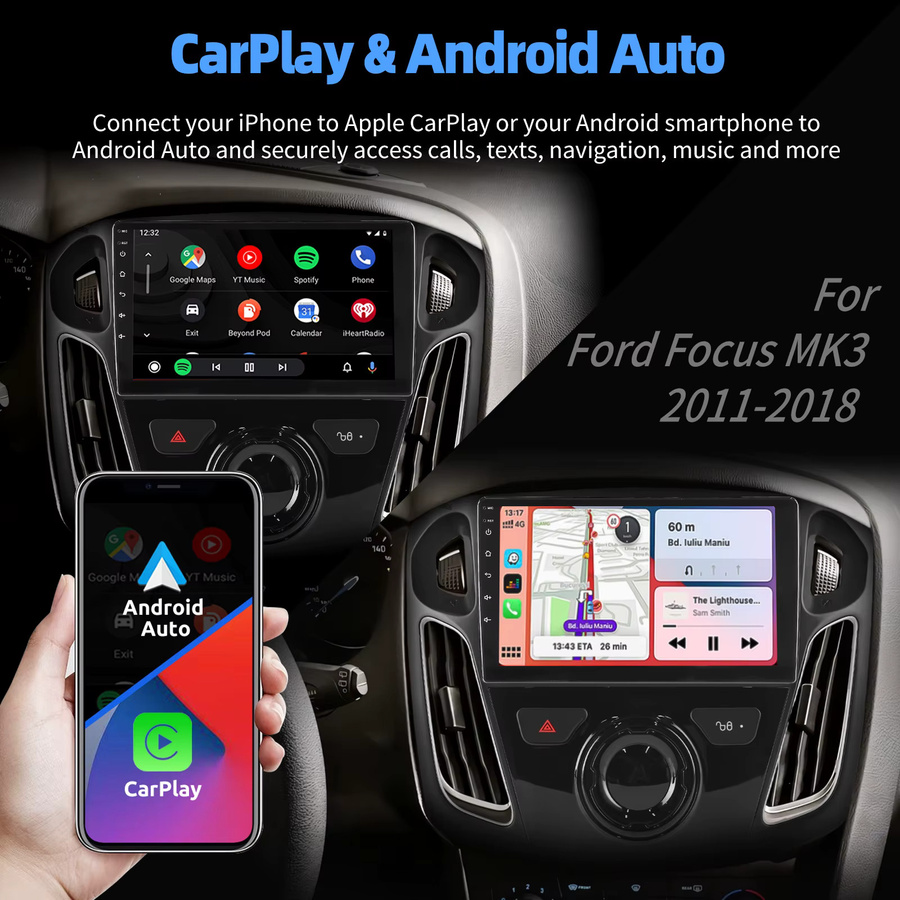 ESSGOO Android 15 Autoradio mit 9 Zoll IPS Touchscreen für Ford Focus MK3 2011-2018, Wireless Carplay, Android Auto, GPS, WiFi und Bluetooth, Schwarz - Bild 4