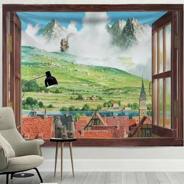 VIKAMA Anime Wandteppich mit Fensteransicht-Szene, bunter Polyester Wandbehang für dein Schlafzimmer, Wohnzimmer oder Büro - Bild 1