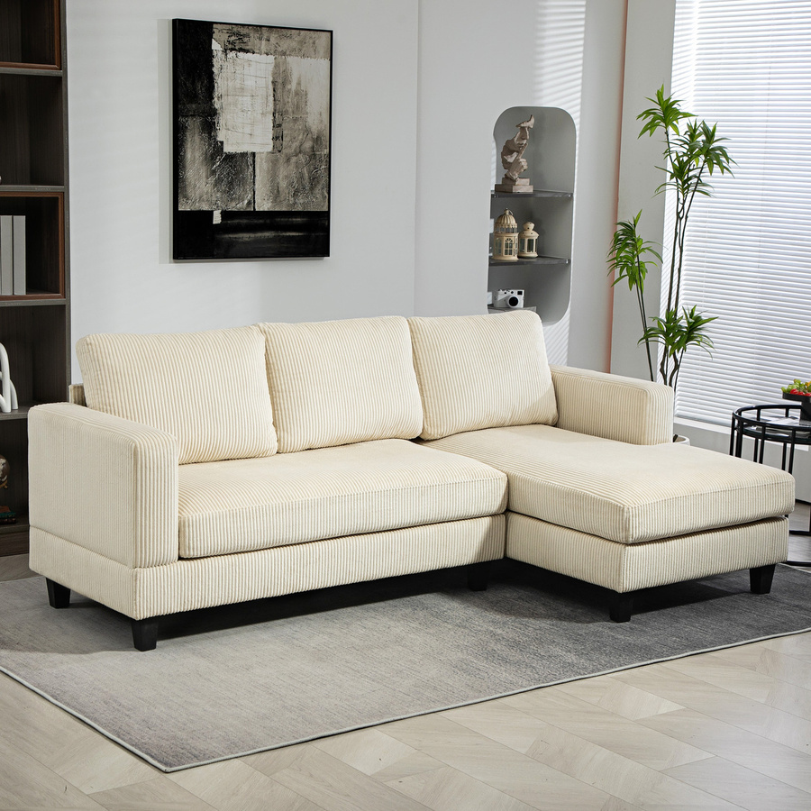HOMCOM Ecksofa aus Rippvelours mit 3-Sitzer und Ottomane, modernes Design, Beige, Breite: 214 cm - Bild 2