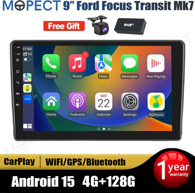 MOPECT 9-Zoll Android 15 Autoradio mit 4+128GB für Ford Transit MK7 2007-2014 und Ford Focus 2005-2008 inklusive Carplay, GPS, Bluetooth, DAB und AHD Kamera in Schwarz - Bild 1