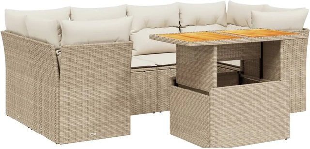 vidaXL 7-tlg Garten-Sofagarnitur aus Poly-Rattan und Akazienholz in Beige mit Kissen - Bild 1