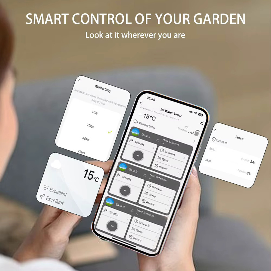 BAIHUAN WLAN Smart Garten-Sprinkler-Wassertimer mit 3-Wege-Regenverzögerung und Filter, programmierbarer automatischer Bewässerungscontroller für Tuya, Grau - Bild 5