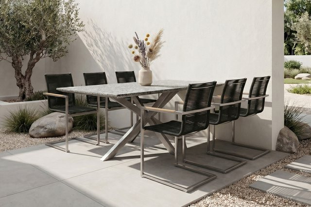 OUTFLEXX Garten-Essgruppe aus Edelstahl, Granit, Rope und Teak in Silber, Anthrazit und Grau mit 6 Freischwingern, B/T: 200 x 100 cm - Bild 1
