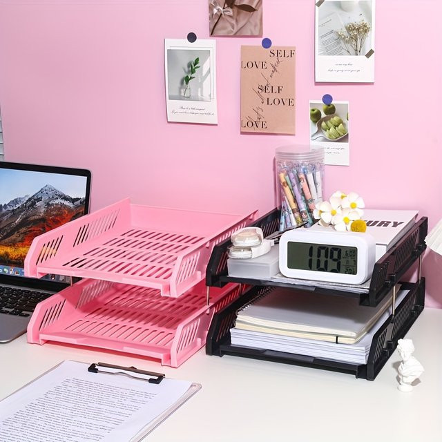 Mehrstufiger Schreibtisch-Organizer aus Kunststoff mit A4-Aktenhaltern und Aktenablage in Pink und Purple - Bild 1