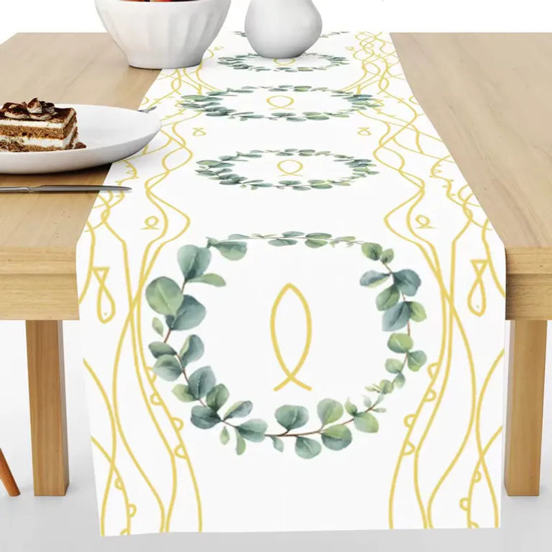 VIKAMA Tischläufer für Kommunion und Taufe in Weiß mit floralem Design aus Leinen, B/H: 90 x 33 cm - Bild 2