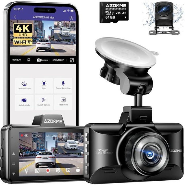AZDOME M01 MAX Dashcam mit Dual-Kamera, 4K + 1080P Auflösung, Super-Nachtsicht und Wi-Fi, Schwarz - Bild 1
