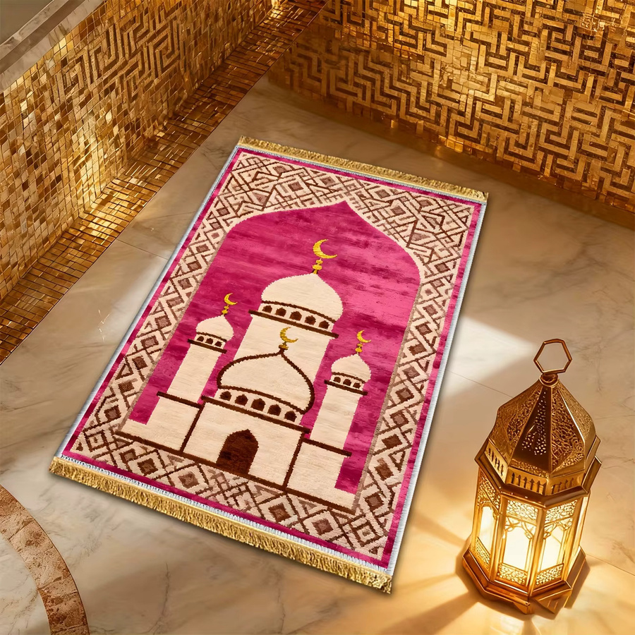 VIKAMA Islamischer Gebetsteppich Rosa mit geometrischem Moschee-Mond-Design aus Polyester - Bild 2