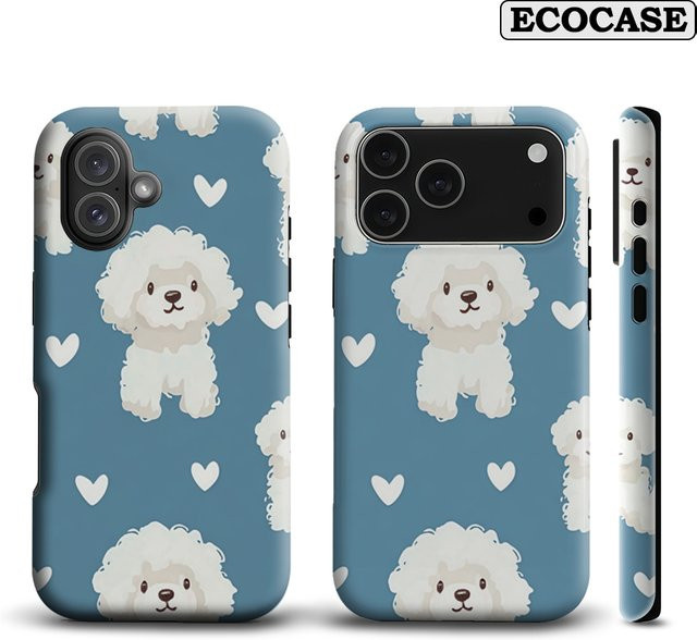 Potdemiel Handyhülle mit blau-weißem Pudel und Herz für iPhone 17 16 15 14 13 Pro Max Plus mit doppelschichtiger Rückseite - Bild 1
