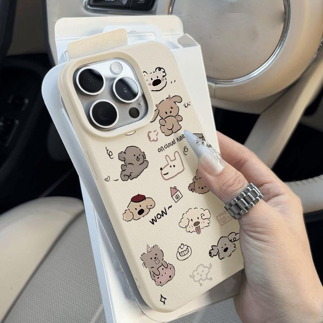 TUNEDEE Handyhülle mit Cartoon-Hund Motiv aus weichem Leder für iPhone 16 15 14 13 12 11 Pro Max Plus, Stoßfest, Grau - Bild 1