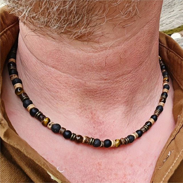 Halskette Tigerauge Stein, Kokosnussschale, Holzperlen, Unisex - Bild 1