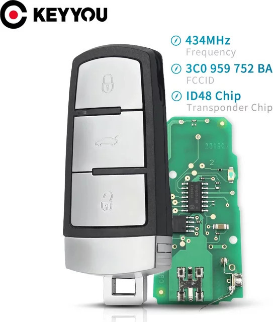 KEYYOU 3-Tasten-Flip-Smart-Car-Fernbedienungs-Schlüsselanhänger mit ID48-Chip in Schwarz für VW Passat B6 3C B7 Magotan CC (433MHz) - Bild 1
