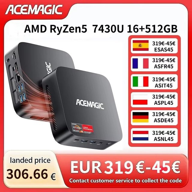 ACEMAGIC Mini PC mit AMD Ryzen 5 7430U oder Ryzen 7 7730U, 16GB LPDDR4X, 512GB SSD, Windows 11 Pro, WLAN 6, Triple-Display, Schwarz - Bild 1