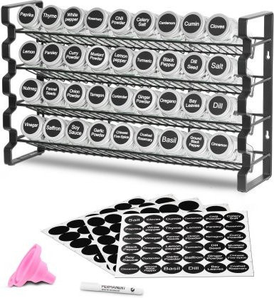 VEVOR 4-stöckiges Gewürzregal Set in Schwarz mit 36 leeren Glasgewürzgläsern, Gewürzetiketten und Trichter für Küche und Speisekammer, B/T/H: 46,3 x 28,2 x 28,2 cm - Bild 1