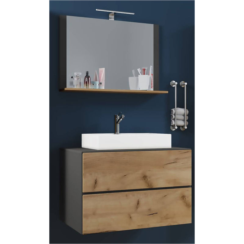 VCM Möbel Waschplatz Lendas 3-teilig in Weiß Eiche Honig Nachbildung und Anthrazit mit Keramik-Waschbecken, Unterschrank mit zwei Schubladen und Spiegel mit Ablage, B/H/T: 60 x 52 x 52 cm - Bild 2