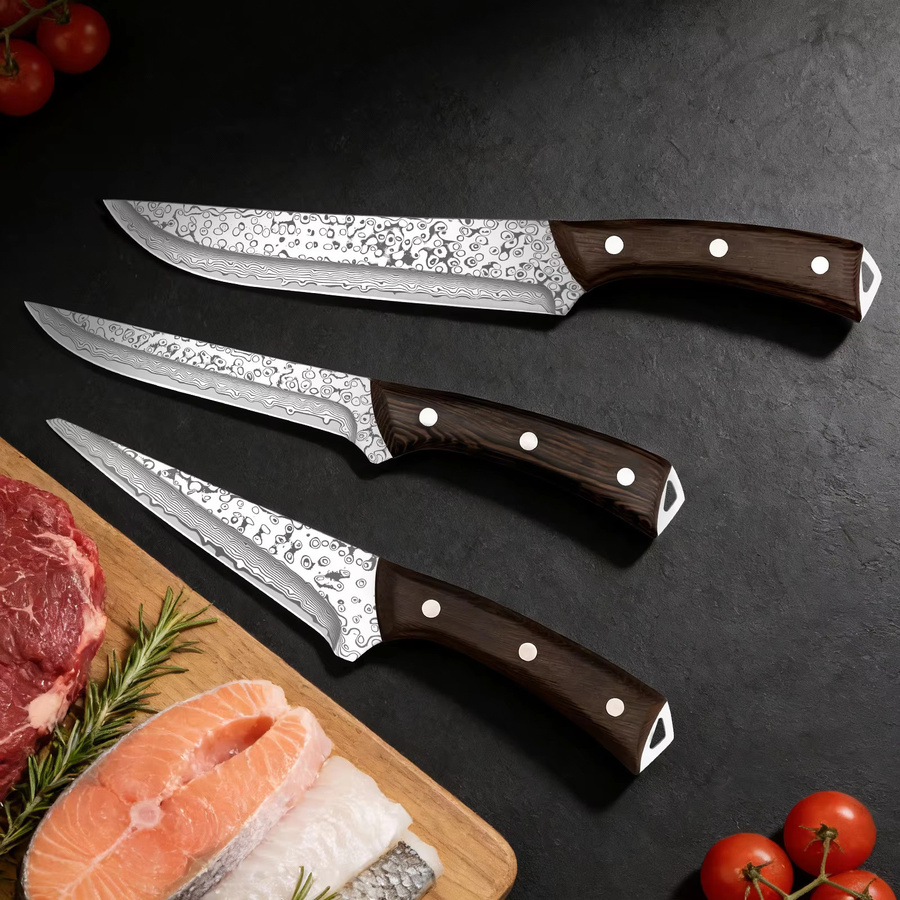 XIAOTIANLAI Japanisches Kochmesser-Set, 3-teilig, Silber, mit Holzgriff zum Schneiden von Fleisch und Geflügel - Bild 6