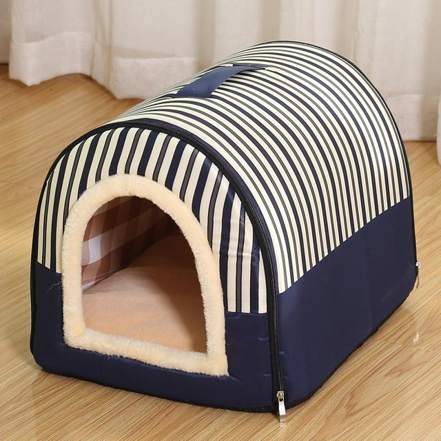 Pet Products My Hundehöhlenbett Blau Gestreift, faltbares und abnehmbares Hundehaus mit Matte für kleine und mittelgroße Hunde und Katzen, B/T/H: 35 x 30 x 28 cm - Bild 1