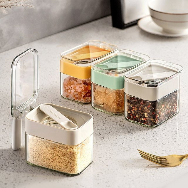 Luftdichte Küchengewürzgläser aus Glas in Grün und Transparent mit Löffel und auslaufsicherem Verschluss - Bild 1